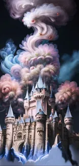 Whimsical castle with swirling pastel clouds in enchanting mobile wallpaper.