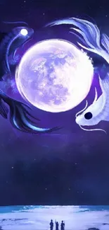 Mystical yin yang fish in an ocean scene with a celestial moon.