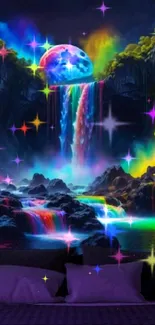 Fantasy waterfall under vibrant night sky with stars.