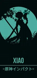 Xiao character silhouette on teal background from Genshin Impact game.