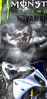 Yamaha Monster Energy bike with skull art and smoky background.