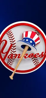 Yankees baseball logo with hat and bat design on a dark blue background.