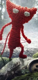 Red yarn creature exploring a lush forest floor, surrounded by greenery.