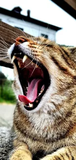 Close-up of a yawning tabby cat with its mouth open wide.