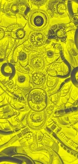 Yellow abstract wallpaper with gears and patterns.