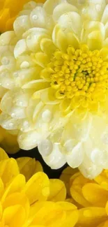 Vibrant yellow and white flowers with dewdrops on a mobile wallpaper.