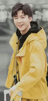 Person in yellow coat posing outdoors.