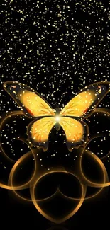 Yellow butterfly on dark glowing abstract background.