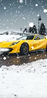 Yellow sports car on a snowy road in winter scenery.