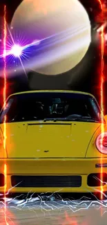 Yellow sports car with a cosmic, fiery background and vibrant effects.