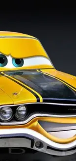 Yellow cartoon car with black stripes on a dark background.