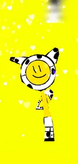 Vibrant yellow cartoon character with hearts background.