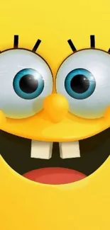 Yellow cartoon character with big blue eyes and a wide smile.