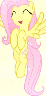 A cheerful yellow cartoon pegasus with pink mane on a mobile wallpaper.