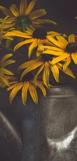 Yellow daisies in a rustic metal watering can wallpaper.