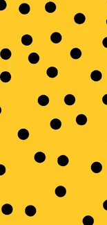 Yellow wallpaper with black polka dots set against a forest backdrop.