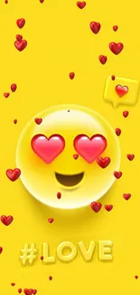 Cheerful yellow emoji with heart eyes on a vibrant love-themed wallpaper.