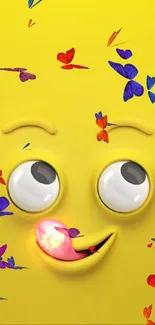 Bright yellow emoji face with playful expression.