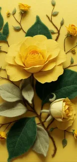 Yellow rose and green leaf floral wallpaper design.