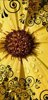 Yellow flower with black swirls and dewdrops wallpaper.