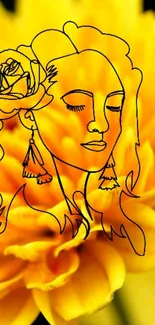 Yellow flower with line art of a woman's face in minimalist style.