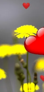 Vibrant yellow flowers with red hearts on mobile wallpaper background.