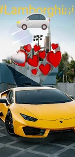 Yellow Lamborghini with artistic hearts in urban setting.