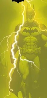 Superhero stands in lightning with yellow background.