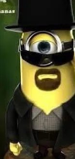 Yellow minion character in black outfit with sunglasses, cartoon style.