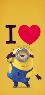 Minion with I love heart on yellow background wallpaper