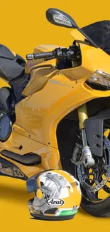 Yellow motorcycle and helmet on vibrant yellow background.