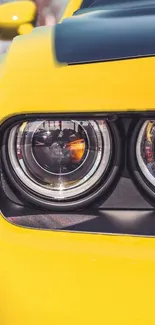 Yellow muscle car front view with iconic headlights and sleek design.