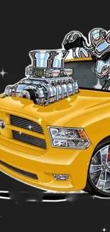 Yellow muscle car with powerful engine on a dark background.