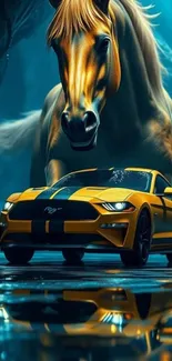 Yellow Mustang car with a majestic horse in a dynamic scene.
