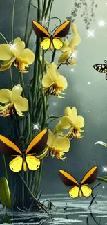 Yellow orchids and butterflies in a serene nature-themed mobile wallpaper.