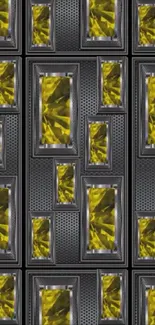 Yellow and black geometric patterned wallpaper design.