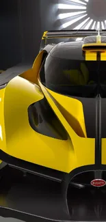 Yellow racing car with a sleek design in a dynamic wallpaper.