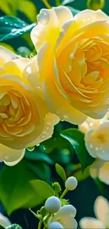 Close-up of yellow roses with fresh dew.