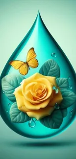 Teal teardrop with yellow rose and butterfly, intricate art on phone wallpaper.