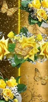 Mobile wallpaper with yellow roses and butterflies on a golden background.