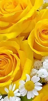 A bright arrangement of yellow roses and white daisies.
