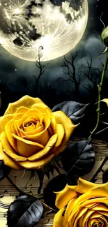 Yellow roses bloom under a bright moonlit sky.