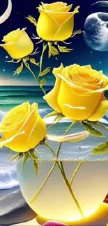 Vibrant mobile wallpaper with yellow roses by a moonlit beach.