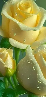 Yellow roses with dewdrops on a green background.