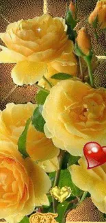 Yellow roses and hearts on a floral wallpaper.