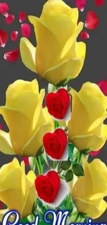 Yellow roses and red petals mobile wallpaper with 'Good Morning' text.