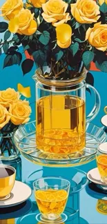 Yellow roses and tea cups on a table.