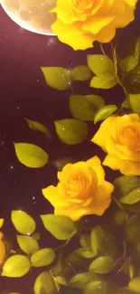 Yellow roses in moonlight with lush green leaves and serene sky.