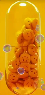 Yellow capsule with smiley faces and bubbles on a bright background.