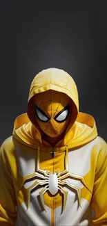 Person in yellow spider hoodie with dark background.